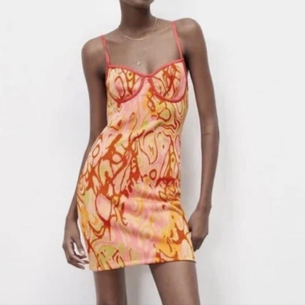 ZARA Pink Orange Abstract Slip Mini Dress Y2K Psychedelic Bodycon Festival - M - Picture 3 of 12